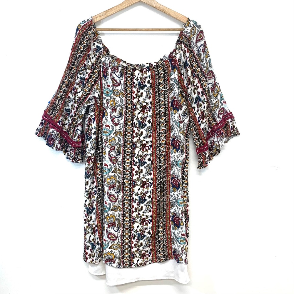 Love Delirious Paisley Off Shoulder Bell Sleeve Tunic Gauzy  Top  Multi Color 2X